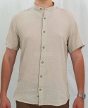 Bawełniana Koszula Męska ciemny beż z krótkim rękawem w kroju slim fit ESPADA MEN'S WEAR - MODA SANOK