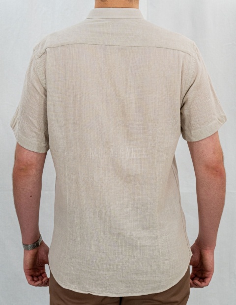 Bawełniana Koszula Męska ciemny beż z krótkim rękawem w kroju slim fit ESPADA MEN'S WEAR - MODA SANOK