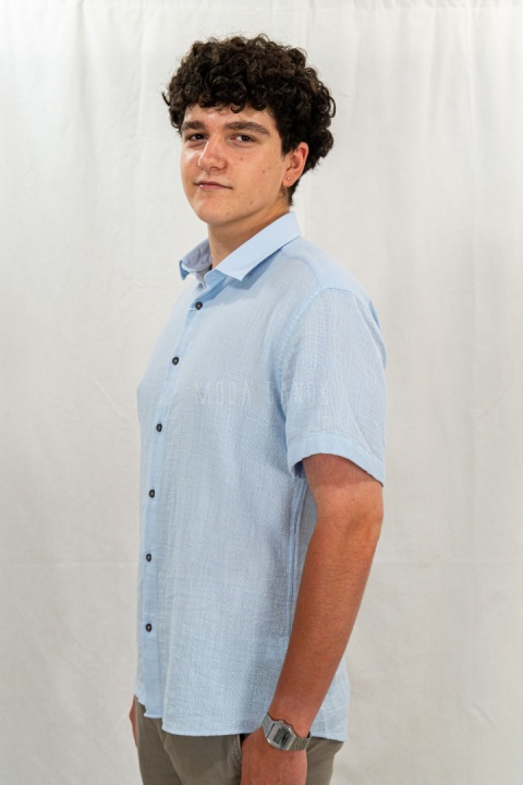 Bawełniana Koszula Męska niebieska z krótkim rękawem w kroju slim fit ESPADA MEN'S WEAR - MODA SANOK