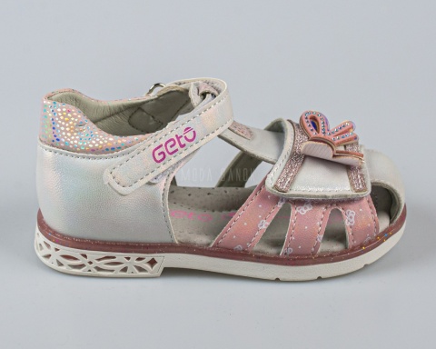 Sandały dla dziewczynki zabudowane srebrno-różowe z kokardką GETO - MODA SANOK