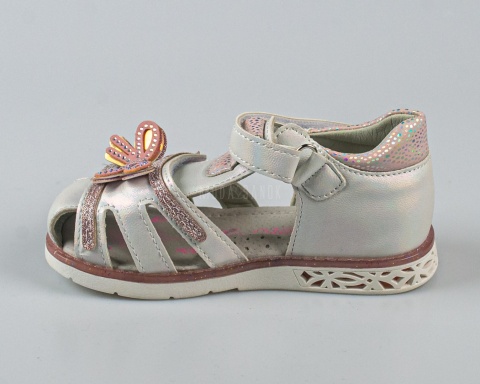 Sandały dla dziewczynki zabudowane srebrno-różowe z kokardką GETO - MODA SANOK