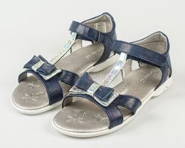 Sandały dziewczęce granatowe z błyszczącą kokardką zapinane na rzep KORNECKI-MODA SANOK