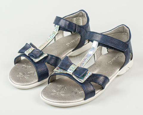 Sandały dziewczęce granatowe z błyszczącą kokardką zapinane na rzep KORNECKI-MODA SANOK