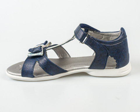Sandały dziewczęce granatowe z błyszczącą kokardką zapinane na rzep KORNECKI-MODA SANOK