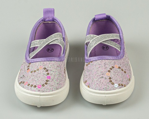 Tenisówki dziecięce jasny fiolet wsuwane z gumeczkami ozdobione cekinkami - MODA SANOK