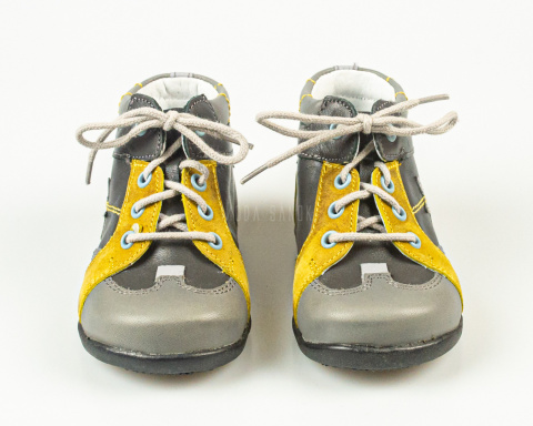 Trzewiki chłopięce skórzane szaro-żółte na wiązanie KORNECKI - MODA SANOK