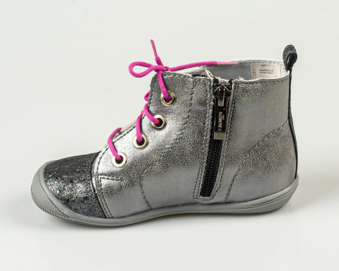 Trzewiki dziewczęce grafitowe sznurowane z różową kokardką z boku KORNECKI-MODA SANOK