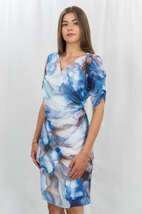 Wizytowa sukienka kopertowa midi niebieska TRYNITE - MODA SANOK