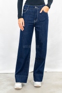 Damskie jeansowe spodnie z prostą szeroką nogawką w kolorze ciemnego granatu - MODA SANOK