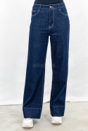 Damskie jeansowe spodnie z prostą szeroką nogawką w kolorze ciemnego granatu - MODA SANOK