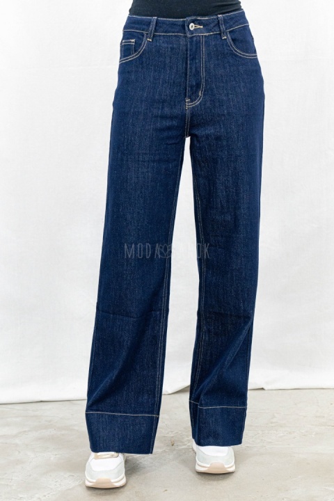 Damskie jeansowe spodnie z prostą szeroką nogawką w kolorze ciemnego granatu - MODA SANOK