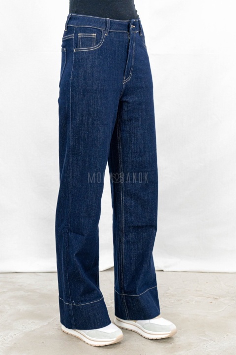 Damskie jeansowe spodnie z prostą szeroką nogawką w kolorze ciemnego granatu - MODA SANOK