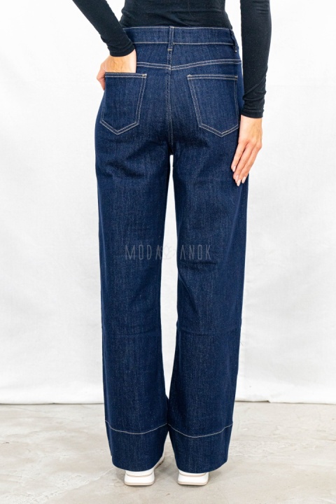 Damskie jeansowe spodnie z prostą szeroką nogawką w kolorze ciemnego granatu - MODA SANOK