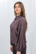 Elegancka koszula damska z długim rękawem w kolorze brązowym -Moda Sanok