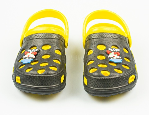 Czarno-żółte dziecięce kroksy z zabawną ozdobą NYMI - MODA SANOK