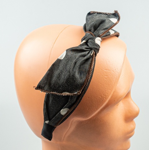 Ciemnoszara opaska do włosów z kokardą i białymi grochami - MODA SANOK