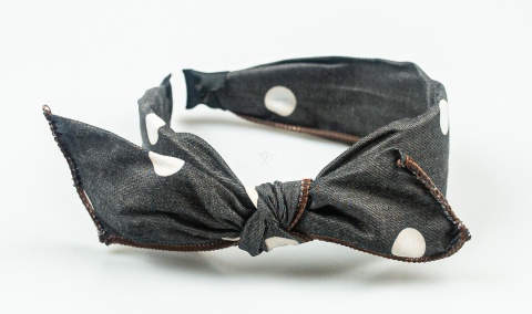 Ciemnoszara opaska do włosów z kokardą i białymi grochami - MODA SANOK