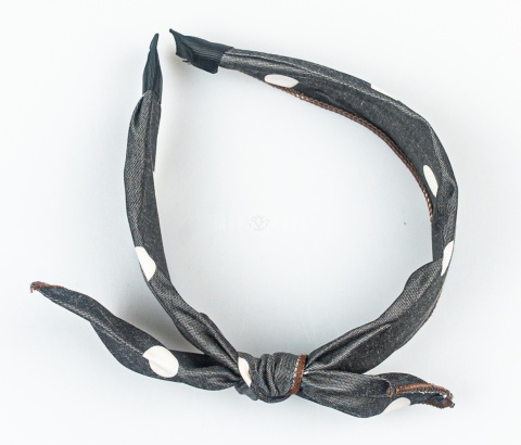 Ciemnoszara opaska do włosów z kokardą i białymi grochami - MODA SANOK