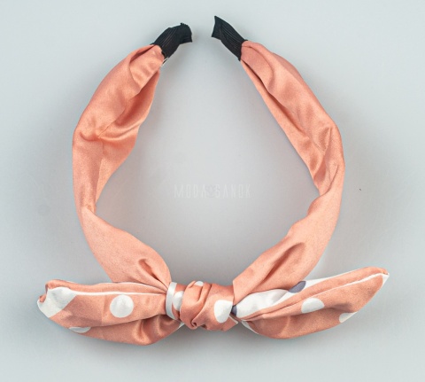 Jasnoróżowa opaska do włosów z kokardą i białymi grochami - MODA SANOK