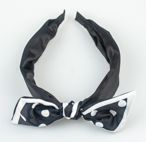 Czarna opaska do włosów z kokardą i białymi grochami - MODA SANOK