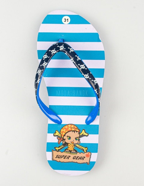 Japonki dziecięce z pirackim wzorem w niebiesko-białe paski SUPER GEAR - MODA SANOK