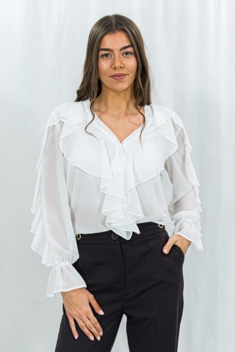 Elegancka biała bluzka z falbanami -Moda Sanok 