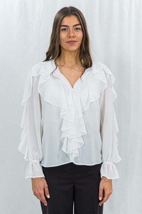 Elegancka biała bluzka z falbanami -Moda Sanok 