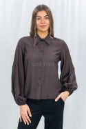 Elegancka koszula damska z długim rękawem – ciemny brąz-Moda Sanok