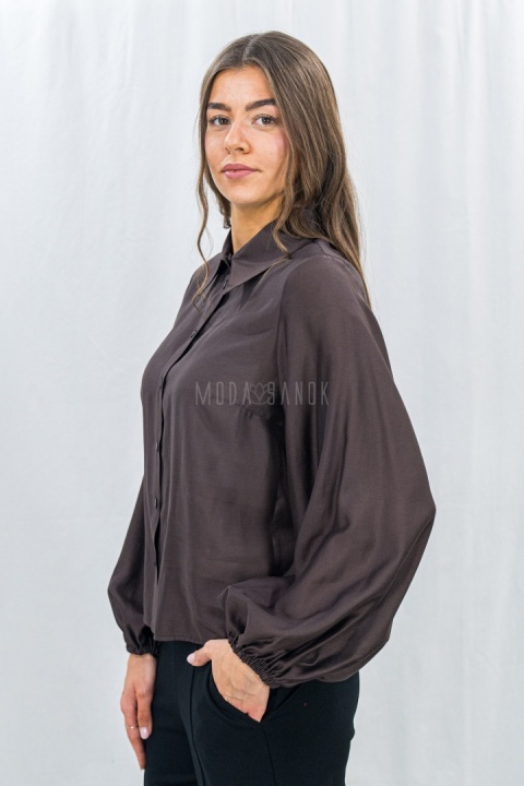 Elegancka koszula damska z długim rękawem – ciemny brąz-Moda Sanok