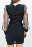 Czarna dopasowana sukienka z kopertowym dekoltem i tiulowymi rękawami - Moda Sanok