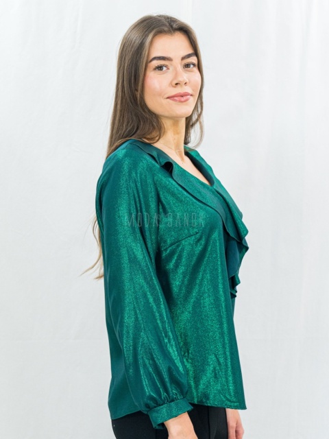 Elegancka zielona bluzka z połyskiem i falbaną-Moda Sanok