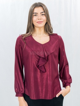 Elegancka bordowa bluzka z połyskiem i falbaną-Moda Sanok
