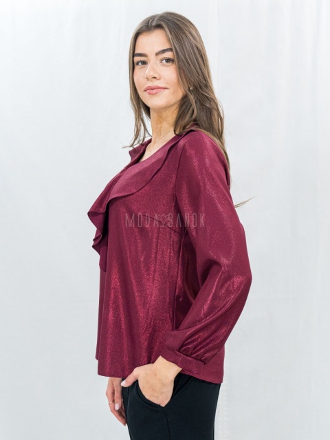 Elegancka bordowa bluzka z połyskiem i falbaną-Moda Sanok