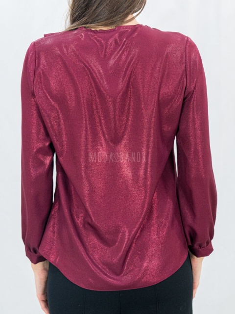 Elegancka bordowa bluzka z połyskiem i falbaną-Moda Sanok