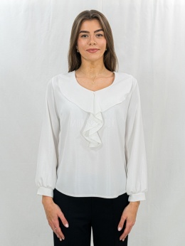 Elegancka biała bluzka z subtelnym połyskiem i falbaną-ModaSanok