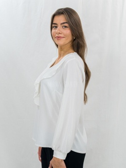 Elegancka biała bluzka z subtelnym połyskiem i falbaną-ModaSanok