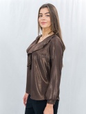 Elegancka brązowa bluzka z połyskiem i falbaną-MODA SANOK