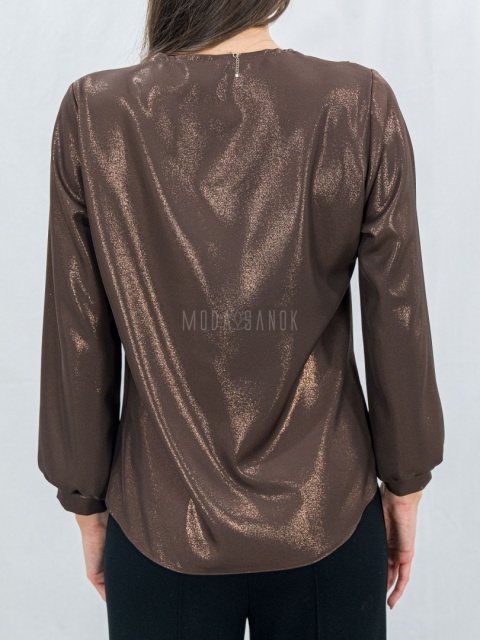Elegancka brązowa bluzka z połyskiem i falbaną-MODA SANOK