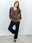Elegancka brązowa bluzka z połyskiem i falbaną-MODA SANOK