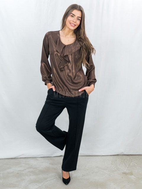Elegancka brązowa bluzka z połyskiem i falbaną-MODA SANOK