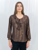 Elegancka brązowa bluzka z połyskiem i falbaną-MODA SANOK