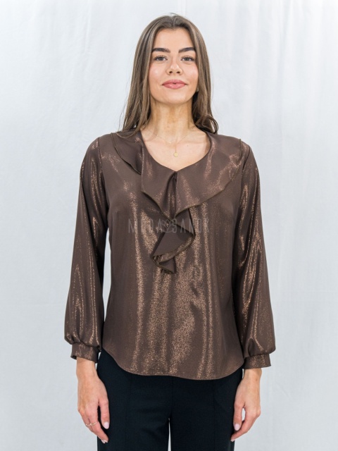 Elegancka brązowa bluzka z połyskiem i falbaną-MODA SANOK