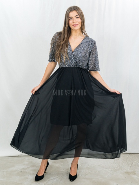 Elegancka sukienka z połyskującą górą i zwiewnym dołem – idealna na wyjątkowe okazje -Moda Sanok