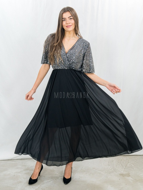 Elegancka sukienka z połyskującą górą i zwiewnym dołem – idealna na wyjątkowe okazje -Moda Sanok