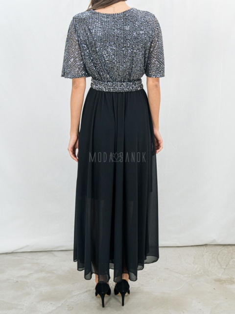 Elegancka sukienka z połyskującą górą i zwiewnym dołem – idealna na wyjątkowe okazje -Moda Sanok