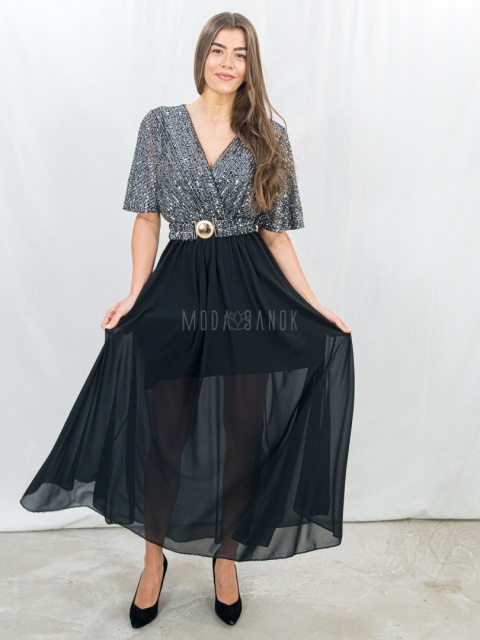 Elegancka sukienka z połyskującą górą i zwiewnym dołem – idealna na wyjątkowe okazje -Moda Sanok