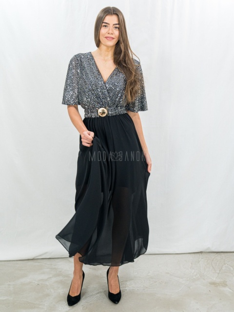 Elegancka sukienka z połyskującą górą i zwiewnym dołem – idealna na wyjątkowe okazje -Moda Sanok