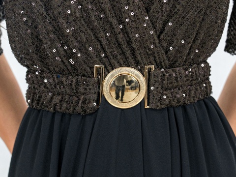 Elegancka sukienka z cekinową brązową górą i zwiewnym dołem – rozmiar uniwersalny Moda Sanok 