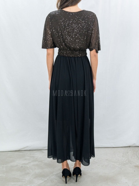 Elegancka sukienka z cekinową brązową górą i zwiewnym dołem – rozmiar uniwersalny Moda Sanok 