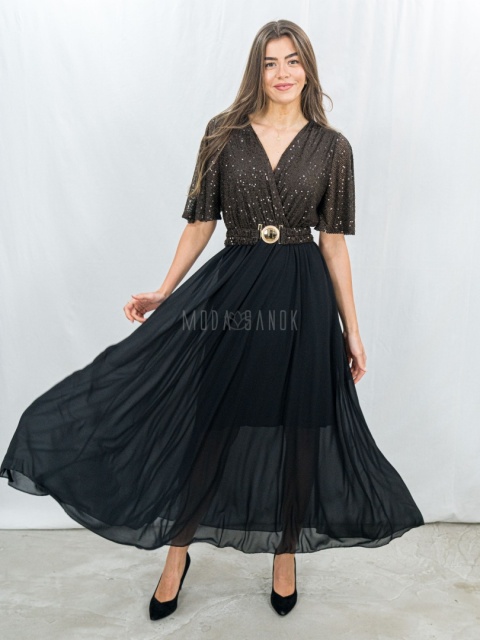 Elegancka sukienka z cekinową brązową górą i zwiewnym dołem – rozmiar uniwersalny Moda Sanok 